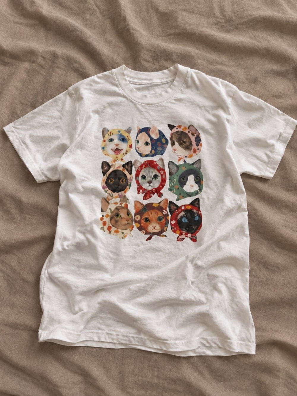 Colorful Cat Face Grid Gildan White Tee